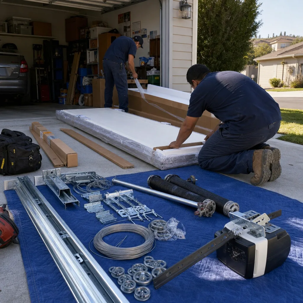 Two technicians unpacking components for professional garage door installation