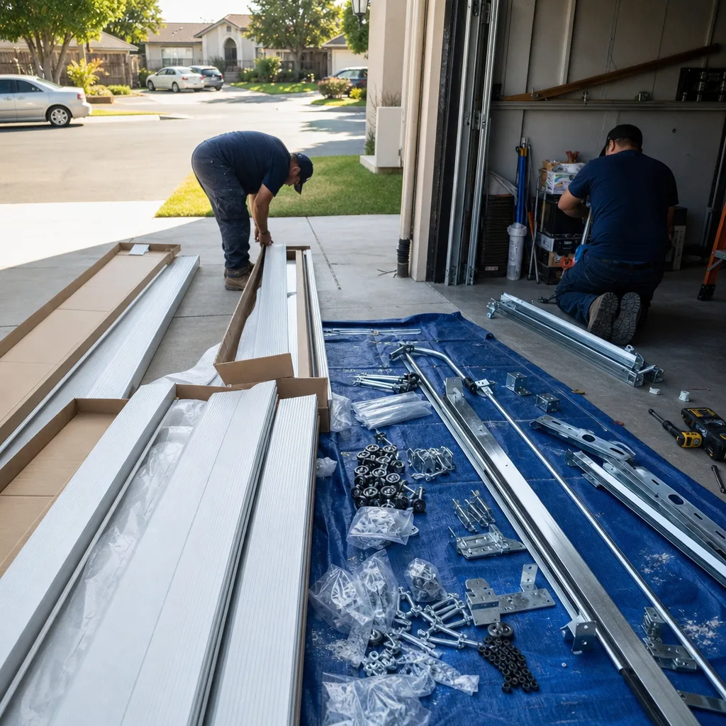 Two professional technicians performing a new residential garage door installation