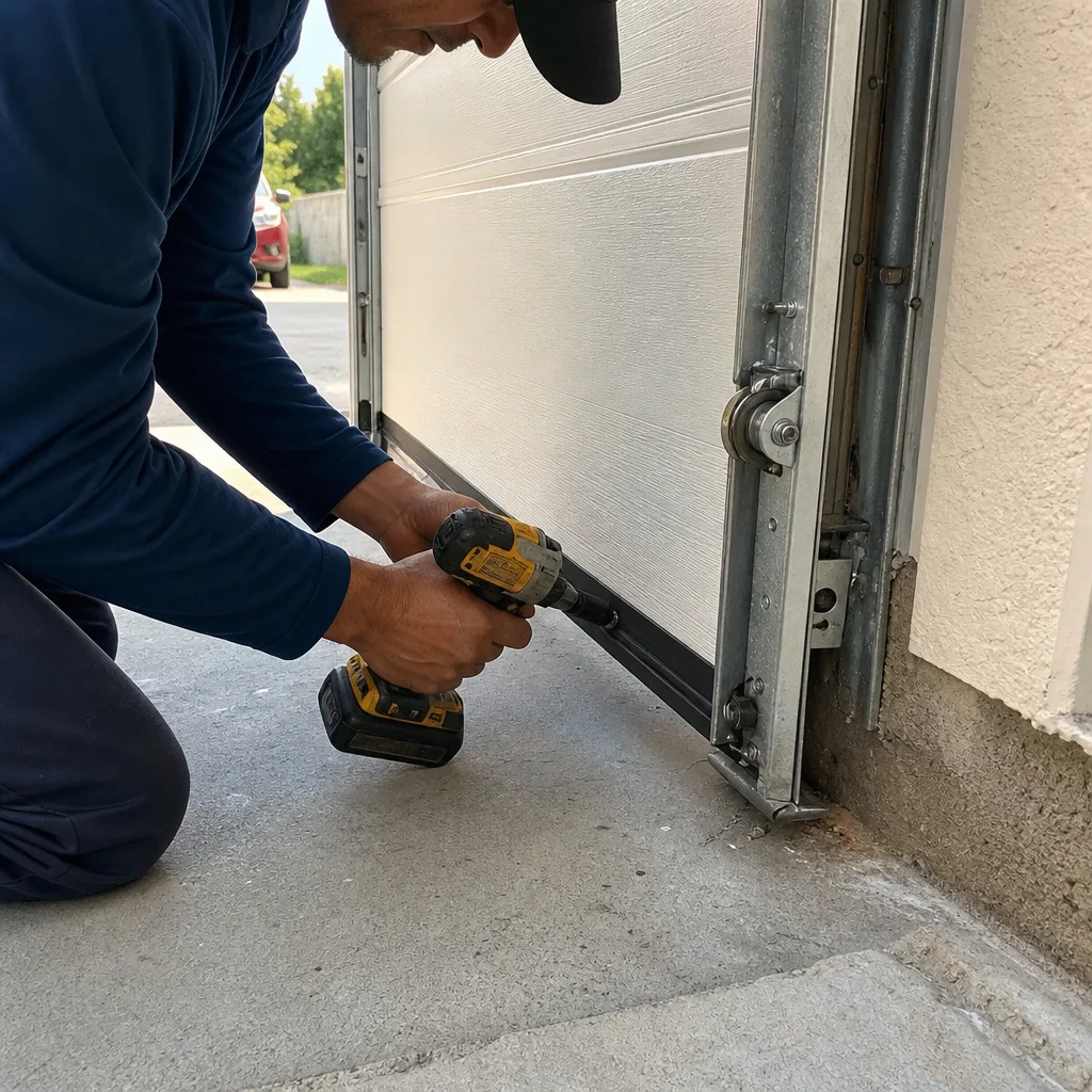 Technician using a power drill to install a garage door seal