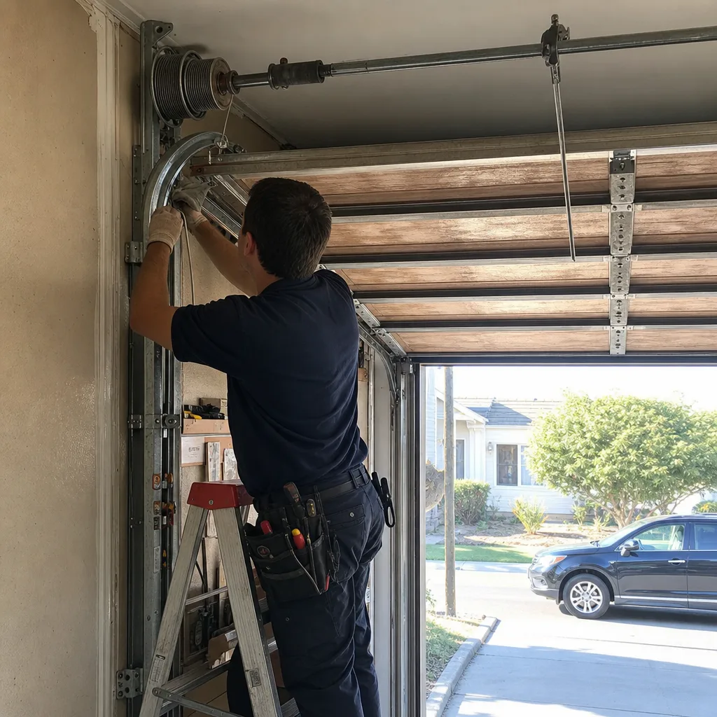 Technician performing professional garage door repair and maintenance on a sectional door